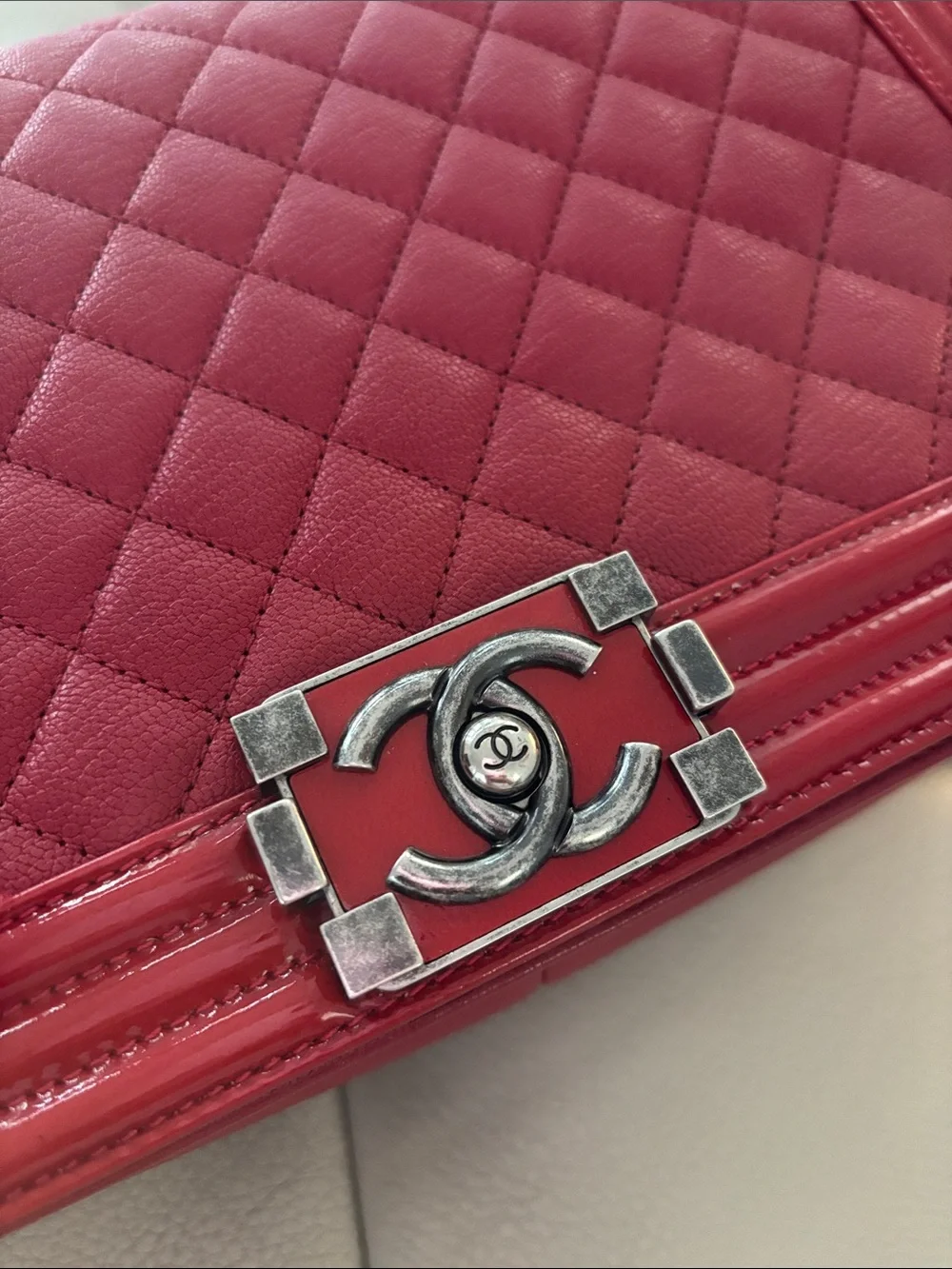 CHANEL Boy Red Quilted Leather Shoulder Bag with Chain Strap- Medium